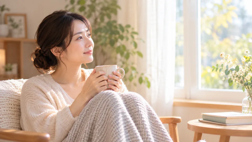10月の夜に温かい飲み物を飲みながらゆっくり身体を休める女性