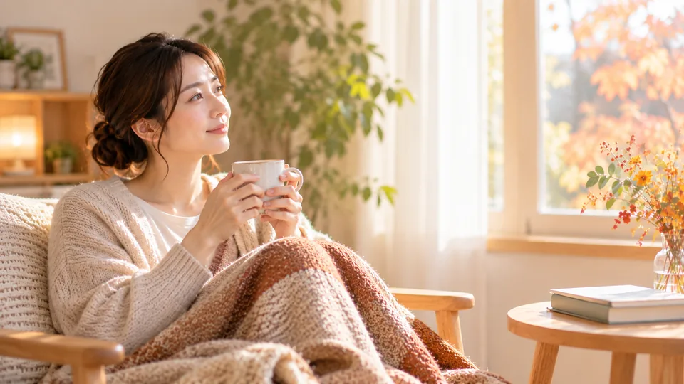 反復着床不全が不安な治療期間に、温かい飲み物を手にゆっくり身体を休める女性