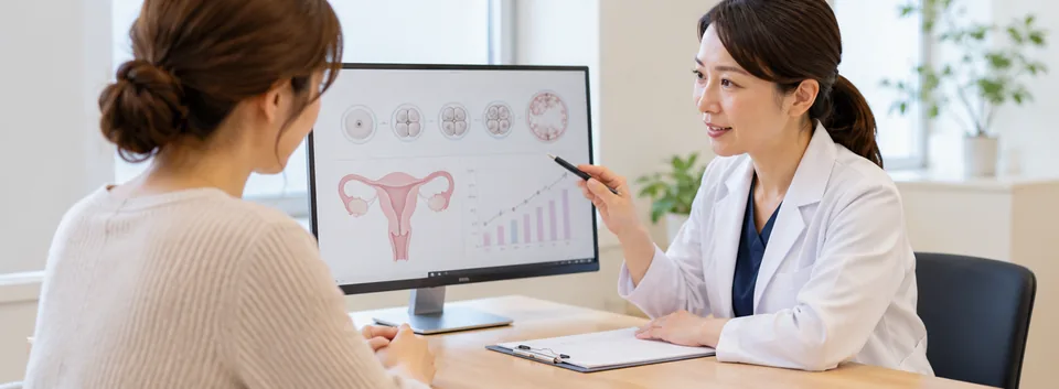 反復着床不全について医師から胚移植や検査の説明を受ける女性