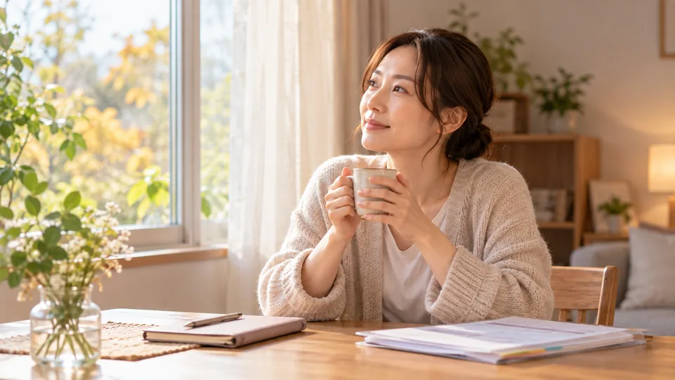 妊活中に少し立ち止まり、窓辺で温かい飲み物を飲みながら休む女性