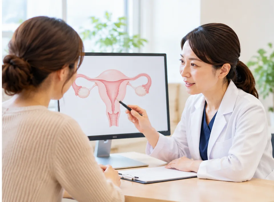 慢性子宮内膜炎の検査について医師から説明を受ける女性