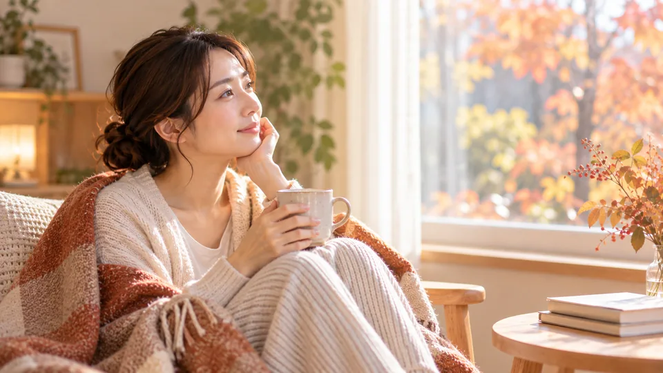 生理前の気分の落ち込みが気になる秋に、温かい飲み物を手にゆっくり休む女性