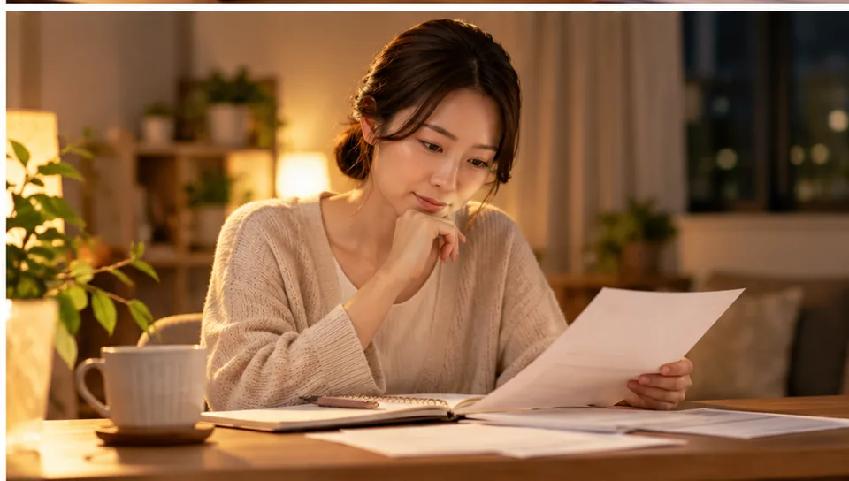 不妊治療で病院を変えるか迷い、夜に治療資料を確認する女性