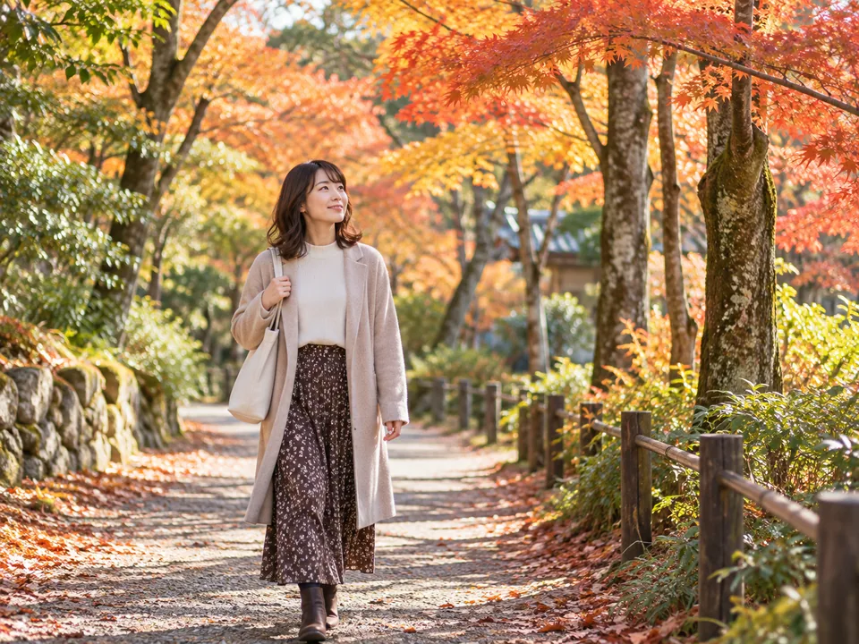 秋の紅葉の中をゆっくり散歩する女性