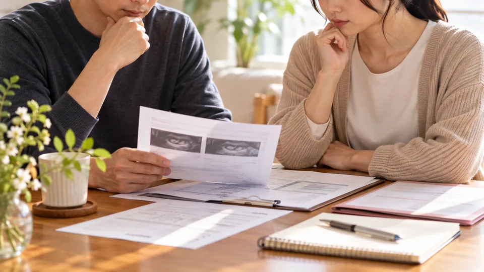 不妊検査の結果や資料を夫婦二人で並んで確認し、これからについて一緒に考える様子