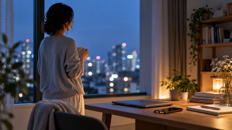 妊活情報の検索を終え、スマートフォンやパソコンから離れて夜の窓辺で静かに過ごす女性