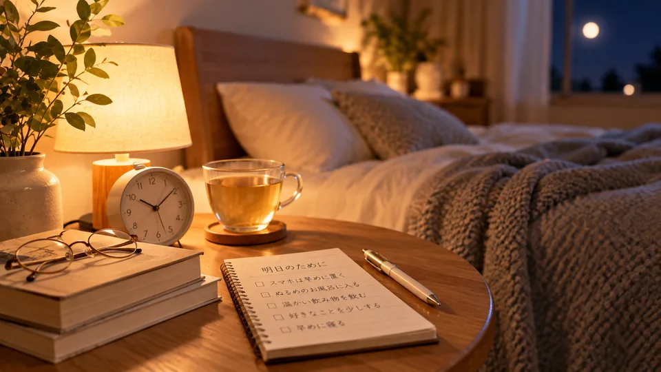 朝のだるさを減らすため、照明を落とし時計や寝具を整えて眠る準備をした夜の寝室