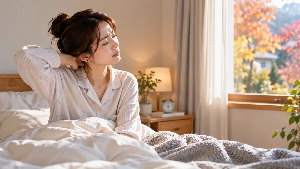 朝起きたときに身体のだるさや首の重さを感じ、ベッドの上で身体をゆっくり起こす女性
