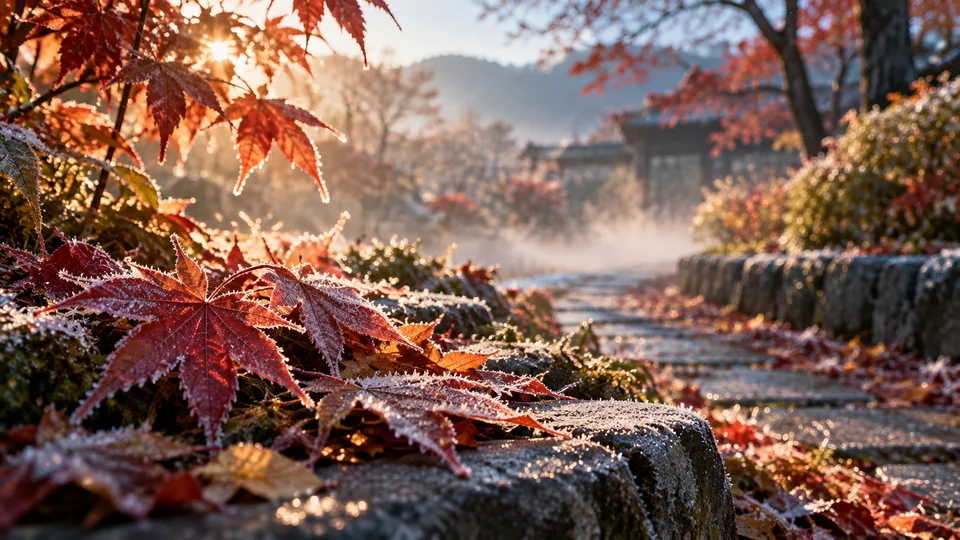 霜降のころの朝、霜がついた赤い紅葉と冷えた石畳に朝日が差し込む秋の風景
